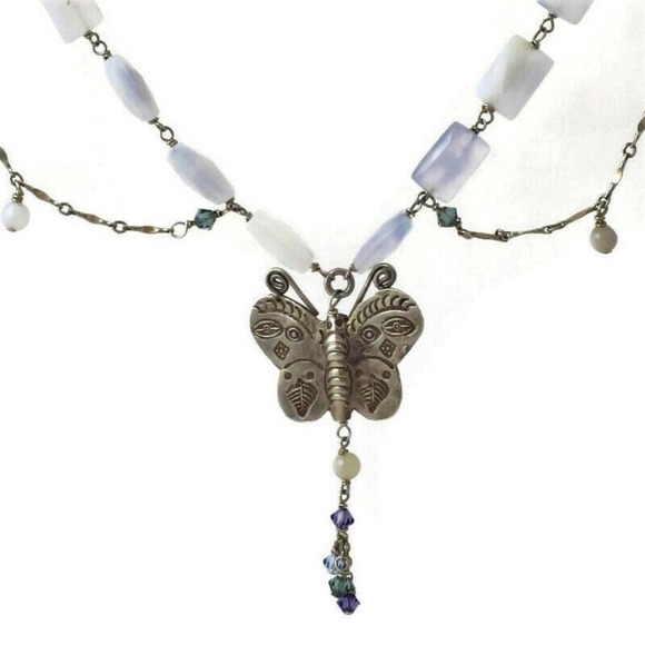 Sterling Butterfly Necklace Regencycore Blue Agate Mariposa Fantasy - Picture 6 of 8
